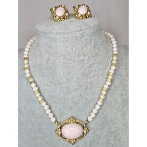 Vintage 1928 Brand Salmon Pink Moonglow Pearl Filigree Necklace Earrings Set EUC